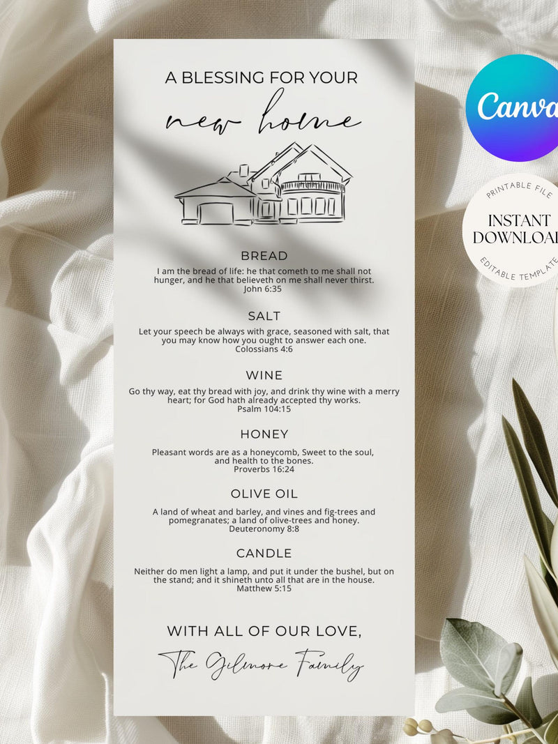 Scripture Housewarming Gift Basket Printable, Instant Download, Editable Text, (4x9") house warming flower