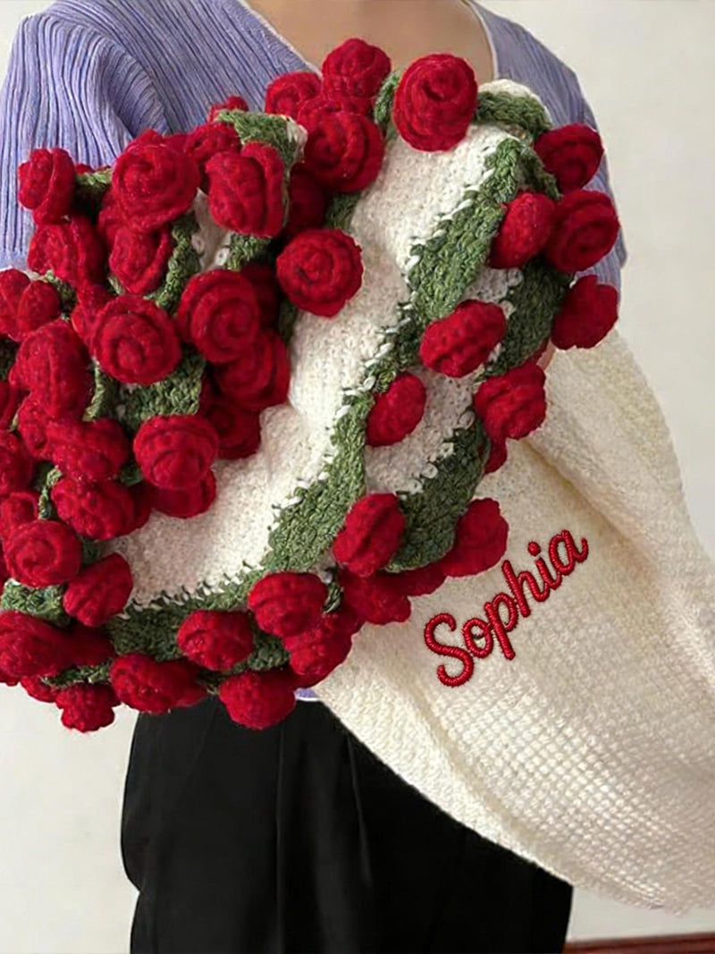 Custom Crochet Rose Bouquet Blanket, Embroidered Name Blanket, Romantic Rose Flower Throw, Mother's Day Gifts, Rose Blanket For Nana Bouquet