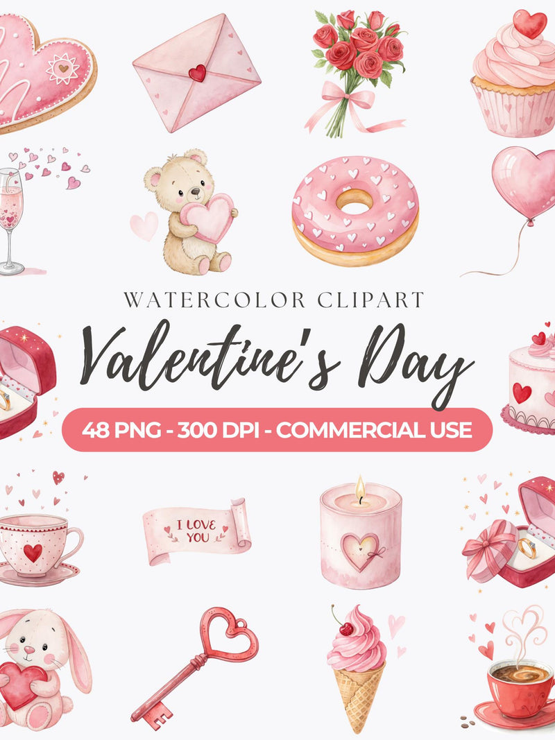 Watercolor Valentine's Day Clipart: 48 PNG Valentine Decor Graphics, Romantic Love, Roses (Digital Download) Love Romance Flower