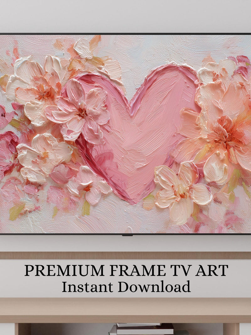 Romantic Pink Heart Floral TV Frame Art, Pastel Flower Digital Wall Art, Valentine Love Artwork, Samsung Frame TV Art, Cottagecore Decor 83 Love Romance Flower