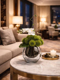 VICKY YAO Design Aesthetic - Artificial Green Moss Ball Floral Arrangement with Orchid, Modern Faux Flower Decor in Glass Vase W18xH26cm faux plants