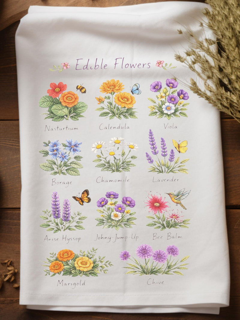 Edible Flowers Embroidered Look Tea Towel Botanical Cottagecore Kitchen house warming flower