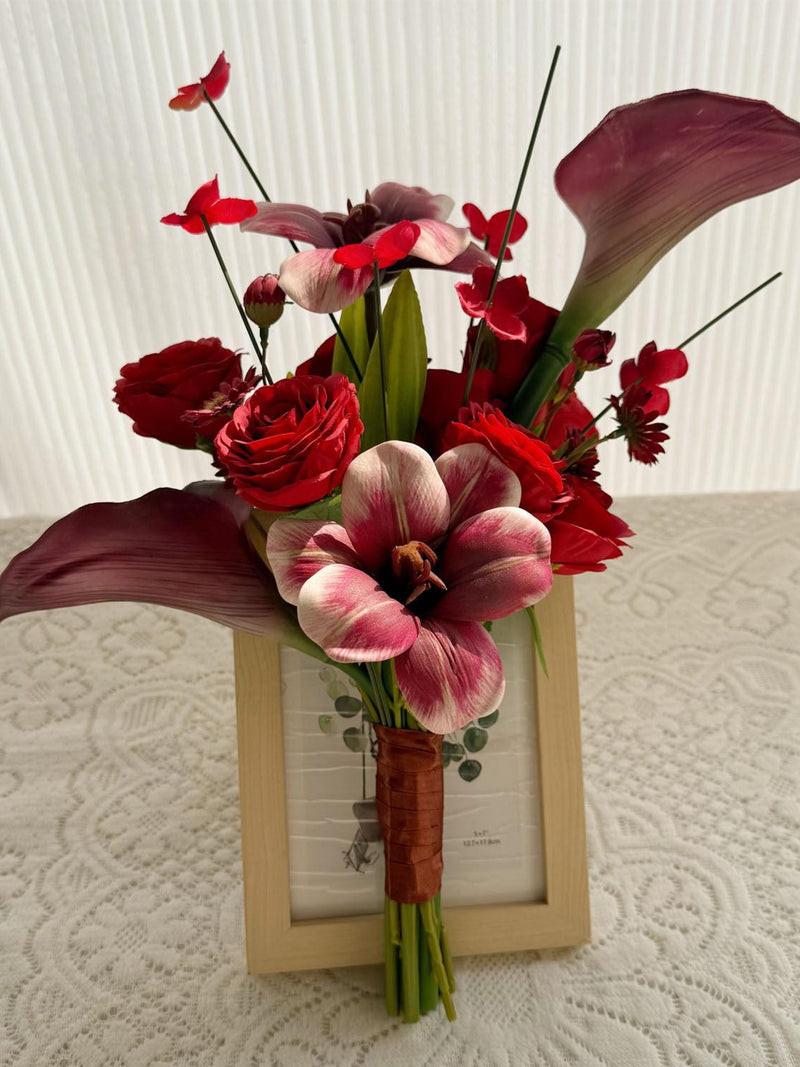 Passionate Fan Shape Red Bridal Bouquet Featuring Calla Lilies, Lilies & Roses Bridesmaid Bouquets Bouquet