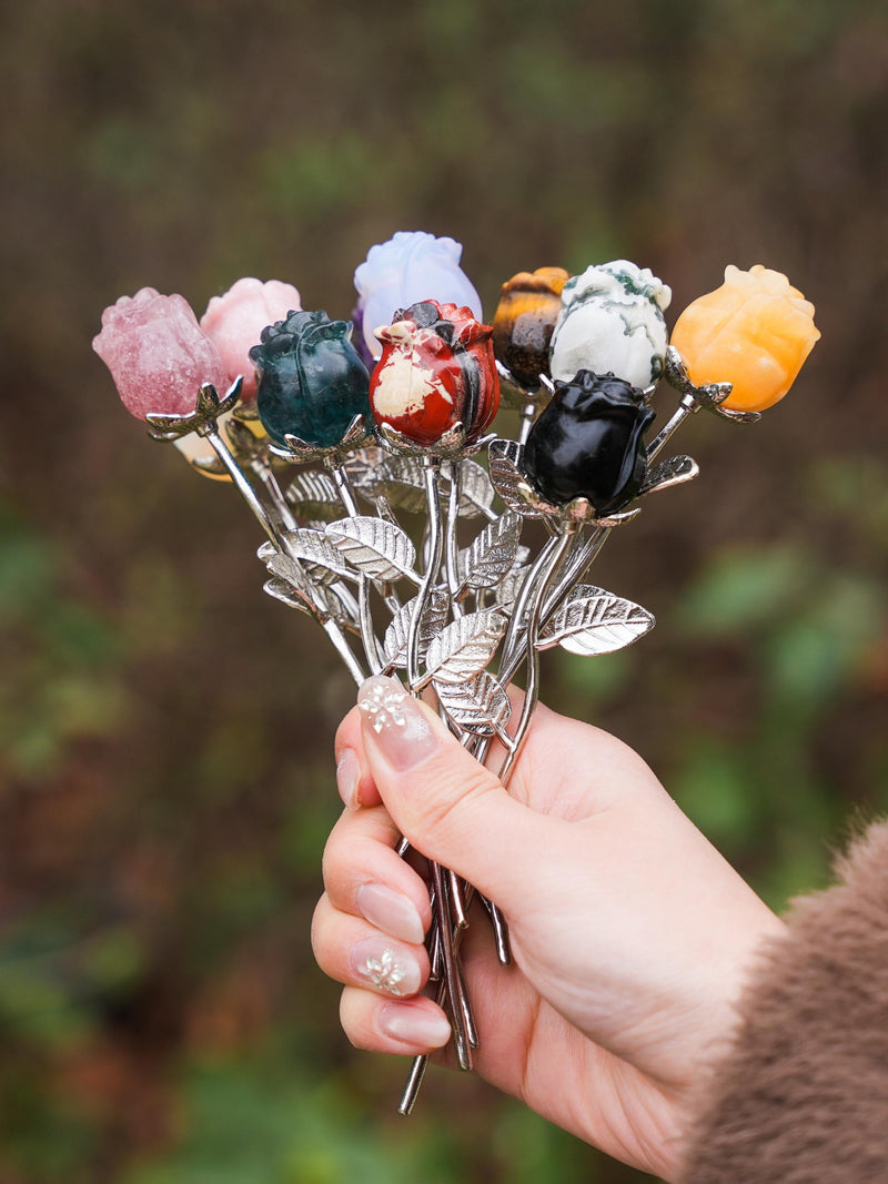 Natural Crystal Rose Bouquet,  with Silver Plated Stem, Wedding & Anniversary Present ANNIVERSARY