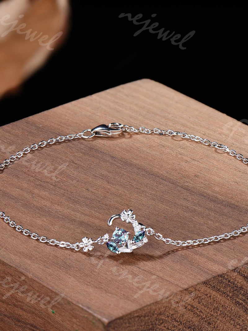 Elegant Alexandrite Bracelet Nature Inspired Flower June Birthstone Bracelet Silver White Gold Delicate Bracelet Anniversary Gift for Women ANNIVERSARY