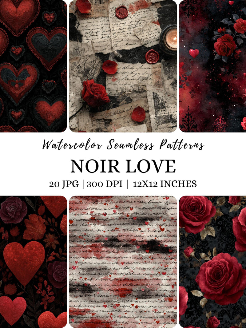 Watercolor Black Love Pattern, Dark Heart Digital Paper, Gothic Valentine Seamless, Red Valentines Day Pattern, Romance Seamless Pattern Love Romance Flower