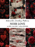 Watercolor Black Love Pattern, Dark Heart Digital Paper, Gothic Valentine Seamless, Red Valentines Day Pattern, Romance Seamless Pattern Love Romance Flower