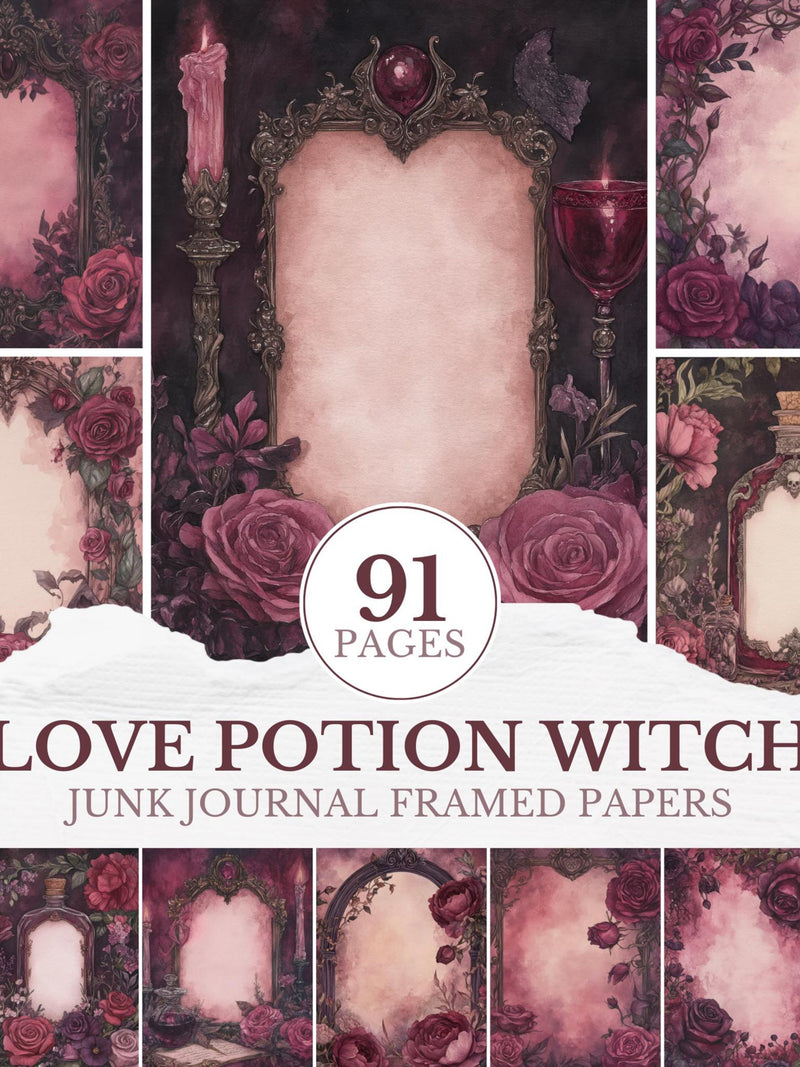 Love Potion Witch Junk Journal Framed Papers, Gothic Valentine Witch Scrapbooking Papers, Occult Romance Scrapbook Background Witchy Pages Love Romance Flower