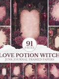 Love Potion Witch Junk Journal Framed Papers, Gothic Valentine Witch Scrapbooking Papers, Occult Romance Scrapbook Background Witchy Pages Love Romance Flower
