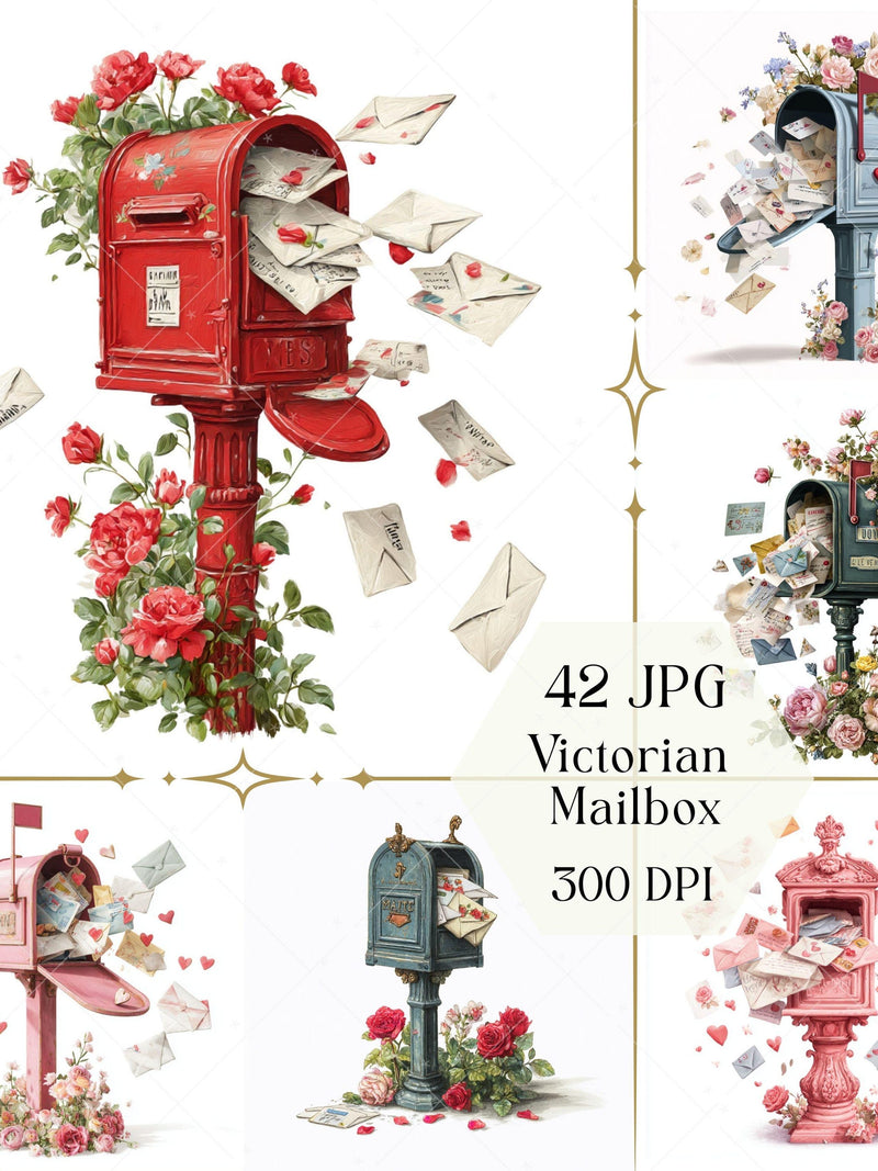 Victorian Mailbox Clipart  JPG, Romantic ValentineÕs Day Graphics, Whimsical Love Letters, Digital Download Love Romance Flower