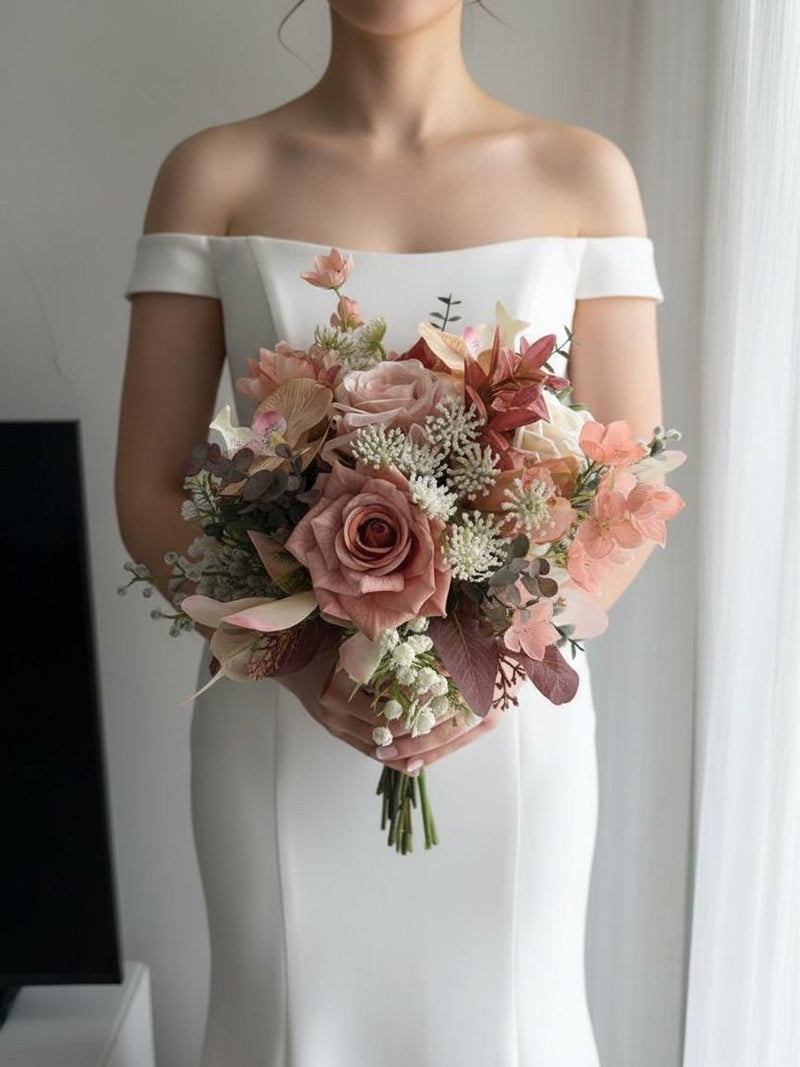 Dusty Rose, Orchid & Babys Breath Wedding Bouquet Artificial Flowers wedding flower