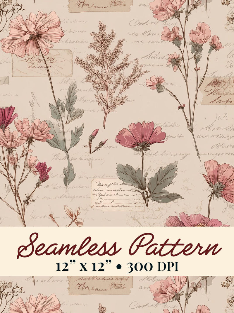 Flower Seamless Pattern Floral Vintage Love Letter Background, Pink Botanical Digital Paper, Sublimation Design Love Romance Flower