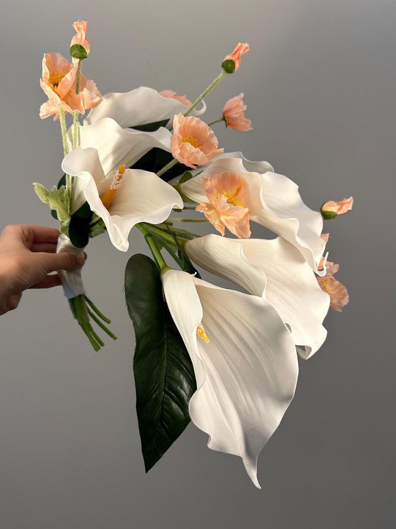 Elegant White Calla Lily & Peach Poppy Wedding Bouquet | Artificial Bridal Flowers wedding flower