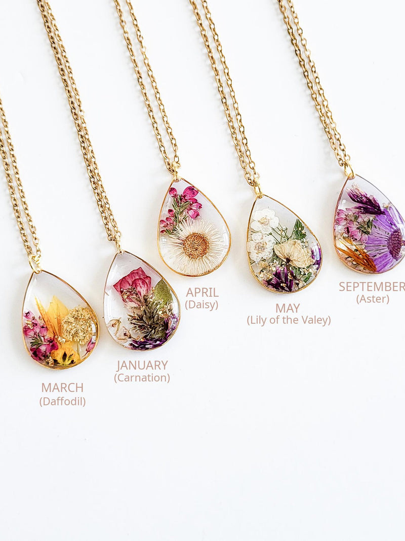 Personalized Birth Flower Necklace Ð Real Pressed Flower Jewelry, Meaningful Keepsake Pendant, Custom Birth Month Gift for Her ANNIVERSARY