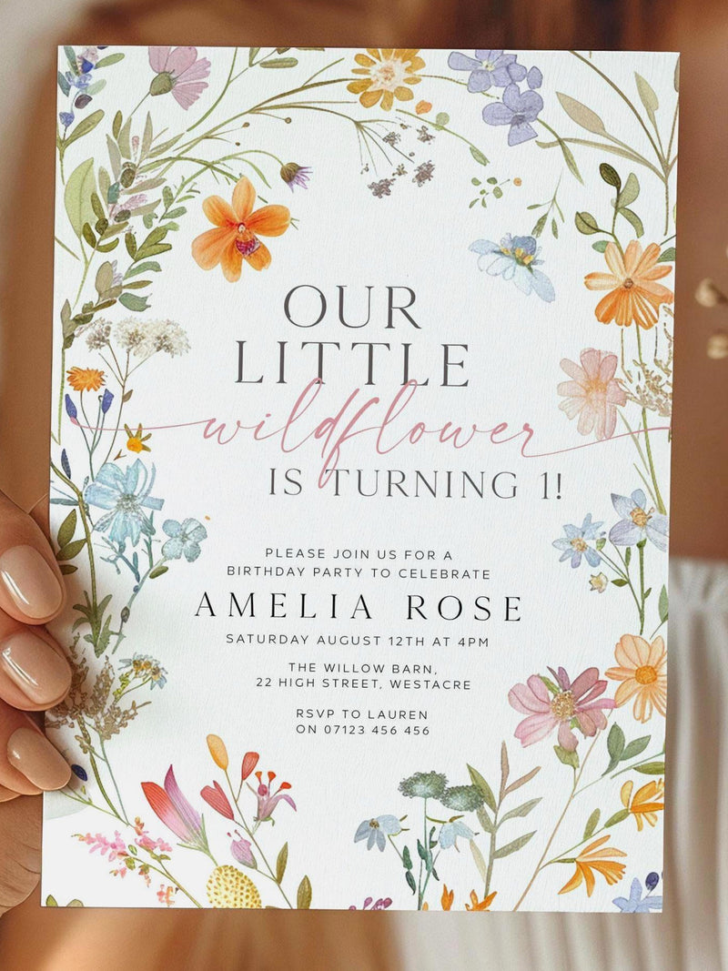 One Little Wildflower First Birthday Invite, Wildflower 1st Birthday Invite, 1st Birthday Invitation, Spring Floral Editable Template LWF birthday flower