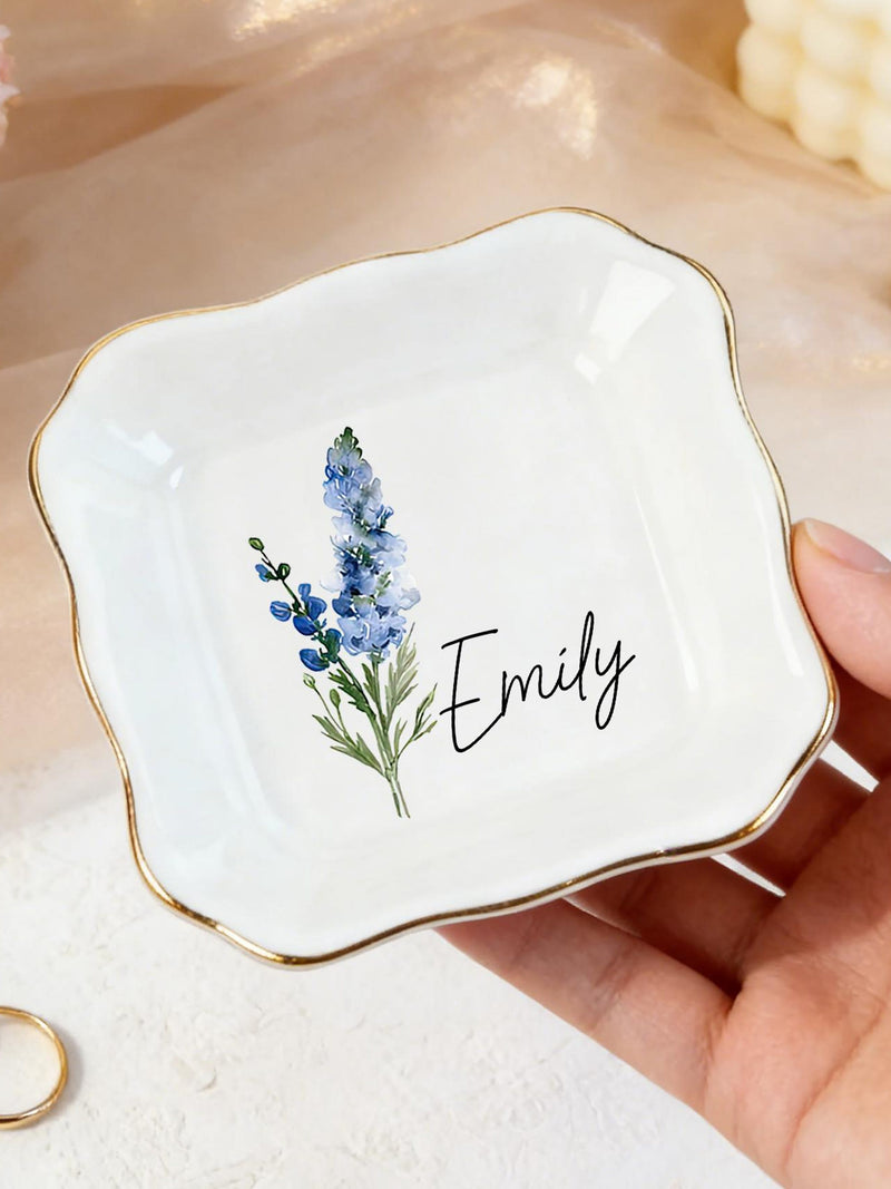 Personalised Birth Flower Ring Dish, Watercolor Floral Trinket Dish for Her, Birthday Jewelry Dish, Bridesmaid Gift, Valentine's Day Gift birthday flower