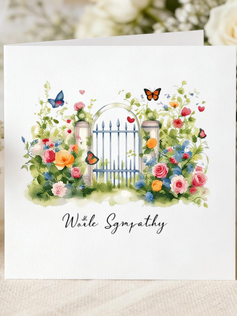 Sympathy Card with Floral Garden Gate, Watercolor Condolence Greeting, White Rose Bereavement Card for Loss sympathy flower