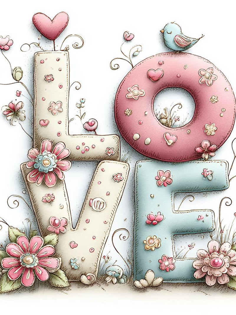 Floral LOVE Clipart, Whimsical Letter Art, Pastel Spring Flowers, Romantic Typography, Birds and Hearts Illustration, Cute Valentine Clipart Love Romance Flower