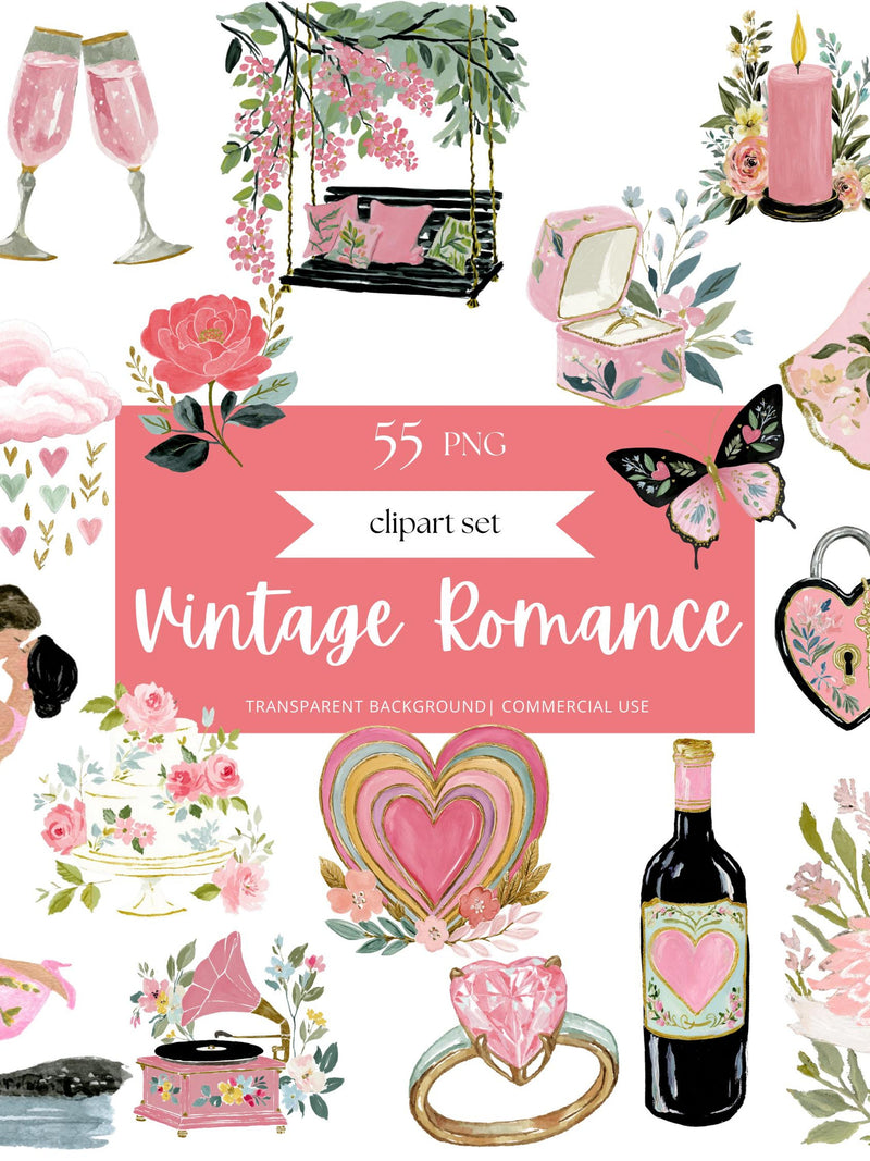 Vintage Romance Clipart Bundle, Watercolor Couple PNG, Bridal Shower Graphics, Wedding Sublimation, ValentineÕs Day, Love Story & Floral Love Romance Flower