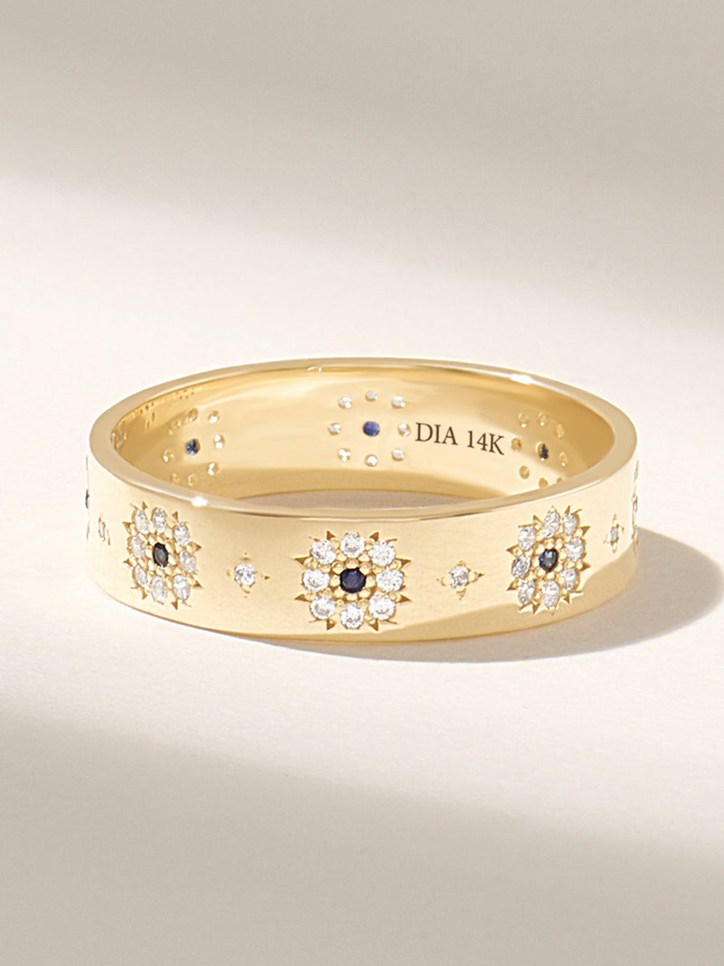 14k Solid Gold Sapphire Floral Wedding Band Pave Diamond Ring Women Anniversary Gift wedding flower