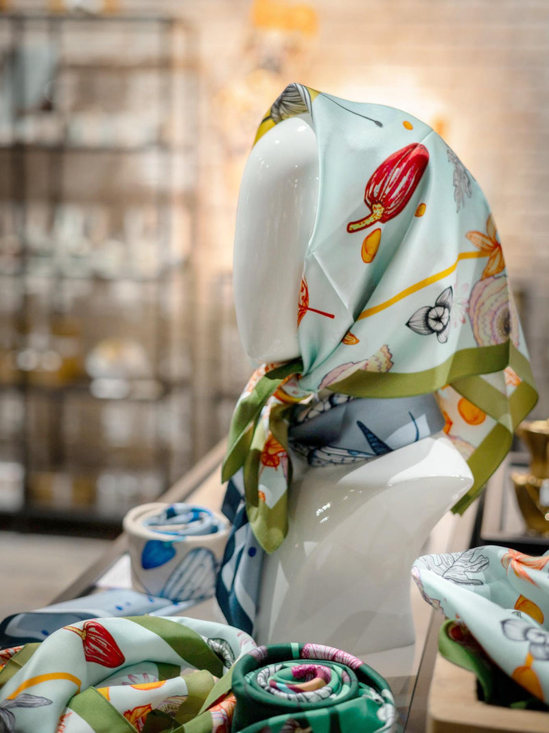 100% silk scarf, gift for women, square silk scarf, silk scarf, luxury scarf, chic scarf, floral scarf, handcrafted, scarf silk flower