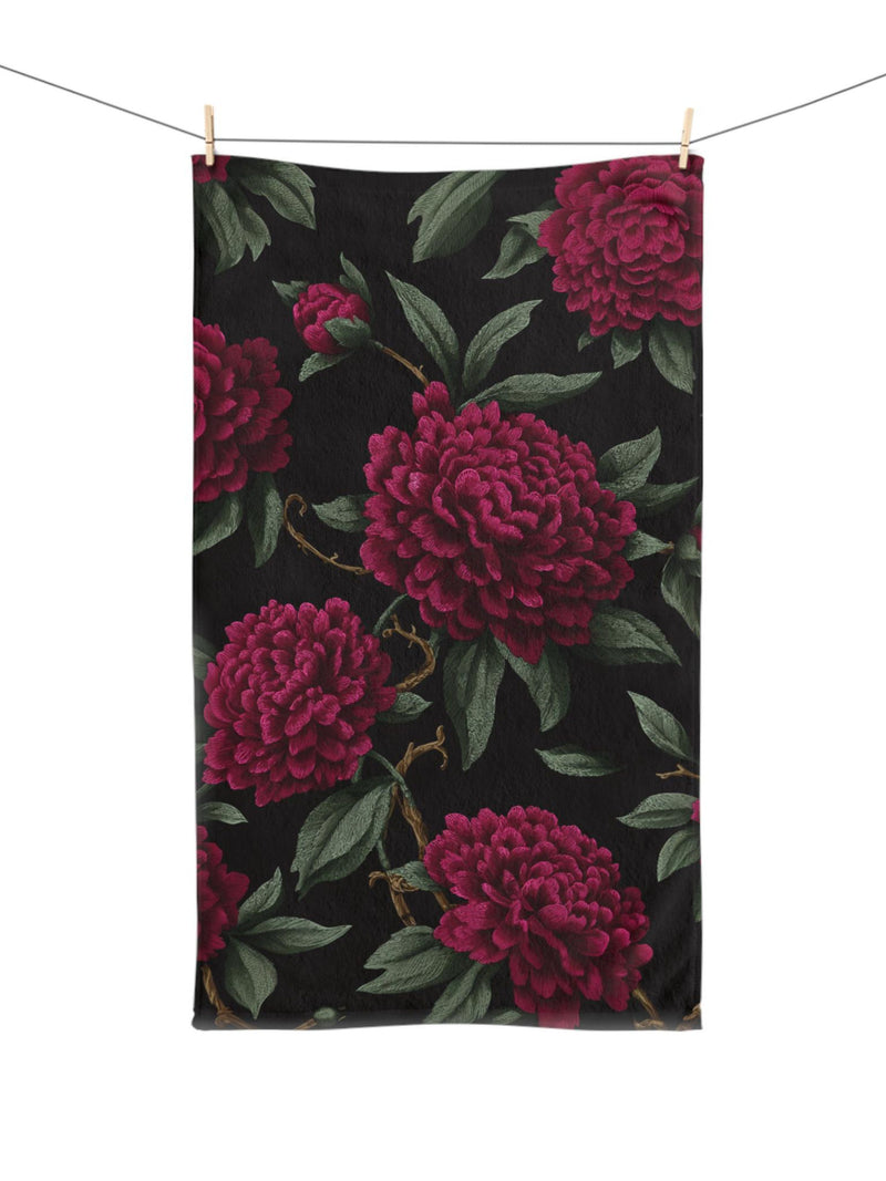 Burgundy Flower Hand Towel Black Floral Home Decor Maroon house warming gift wedding anniversary Home Decor Present Botanical Boho Kitchen house warming flower