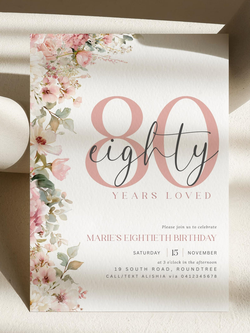 80th Birthday Invitation: Editable Elegant Floral Eighty Year Old Celebration (Digital Download) birthday flower