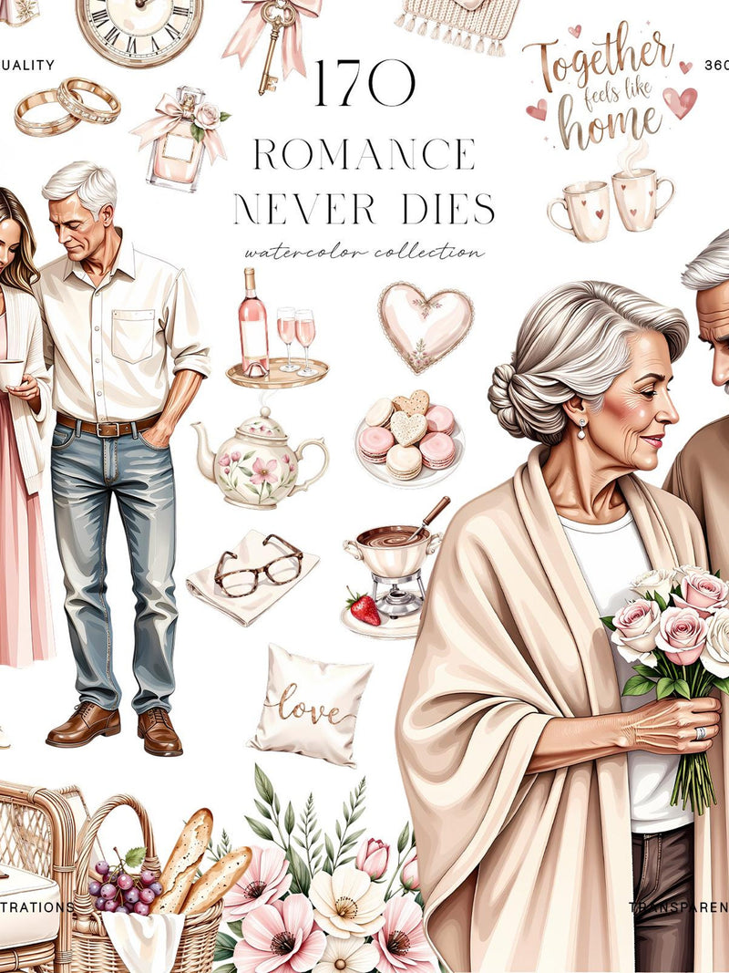 Romance Never Dies Watercolor Clipart, Mature Love Valentine Illustration Bundle Love Romance Flower