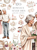 Romance Never Dies Watercolor Clipart, Mature Love Valentine Illustration Bundle Love Romance Flower