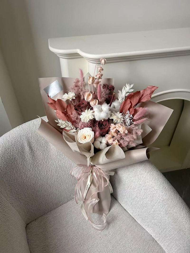 Cotton Anniversary Gift, Preserved Red Rose Bouquet, Dried Flowers, Valentines Day Gift for Her, 2nd Wedding, Wrapped Floral ANNIVERSARY