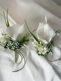 White Calla Lily Boutonniere & Corsage ÐRustic Sage Green Prom Accessories, Artificial Floral Keepsake wedding flower