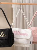 Custom Tote Bag With Name, Monogrammed Shoulder Bag, Retro Canvas Crossbody Purse, Messenger Bag, Gift for Her, Bridesmaid Gift Bag silk flower