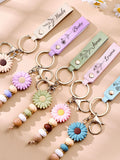 Personalized Birth Flower Keyring, Daisy Beaded Keyring for Girls, Gift for Her, Custom Text Faux Leather Keyring,Bag Charm,Bridesmaid Gifts birthday flower