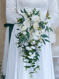 Classic Green White Artificial Flower  Teardrop Bouquets,Cascading Bridal Bouquet | Rustic Wedding Bouquets Bouquet