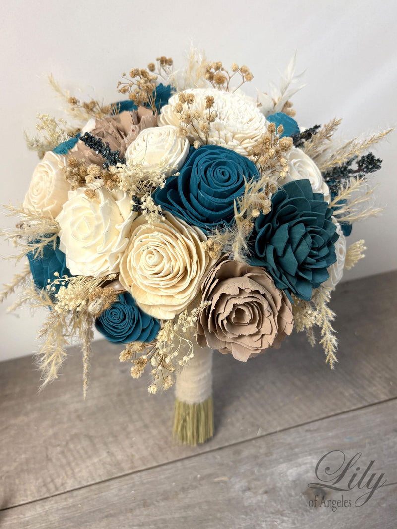 Wedding Bouquet, Bridal Bouquet, Sola Flower, Wedding Flower, Wooden Flower, Teal, Champagne, Rustic, Boho, Lily of Angeles wedding flower