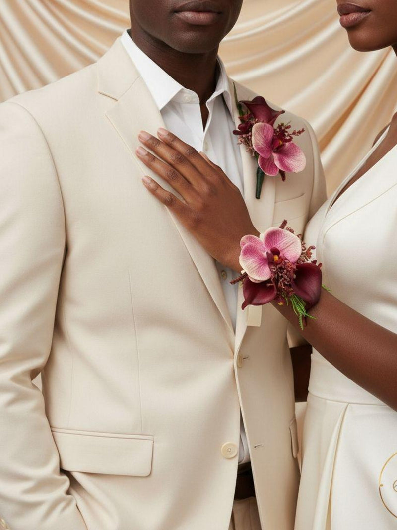 Burgundy Orchid Boutonniere and Wrist Corsage Set or Separate, Wedding Flowers for Groom, Bride and Bridal Party, Elegant Accessories wedding flower