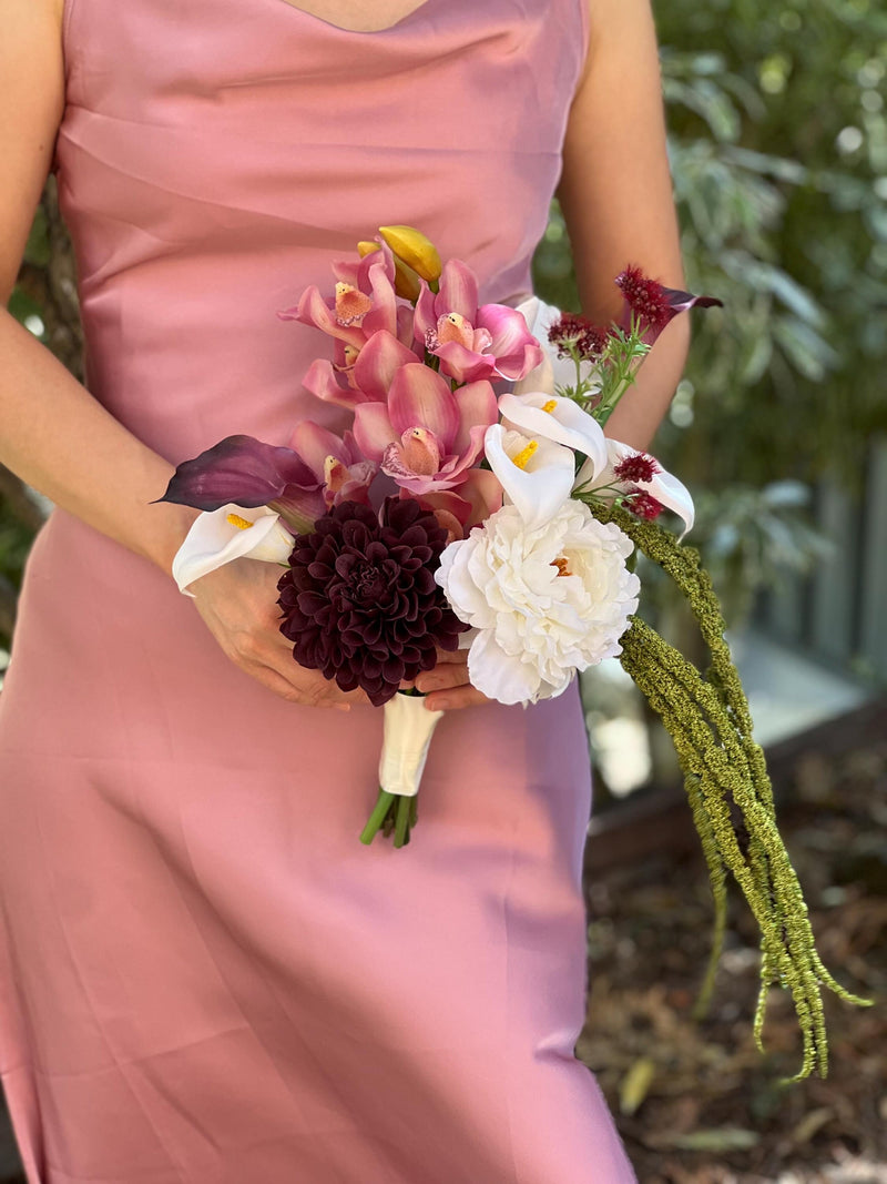 White Burgundy green bridal bouquet: Calla lilly, hydrangea, cymbidium orchid, amaranthus, anthurium, dahlia silk flower cascading bouquet Bouquet
