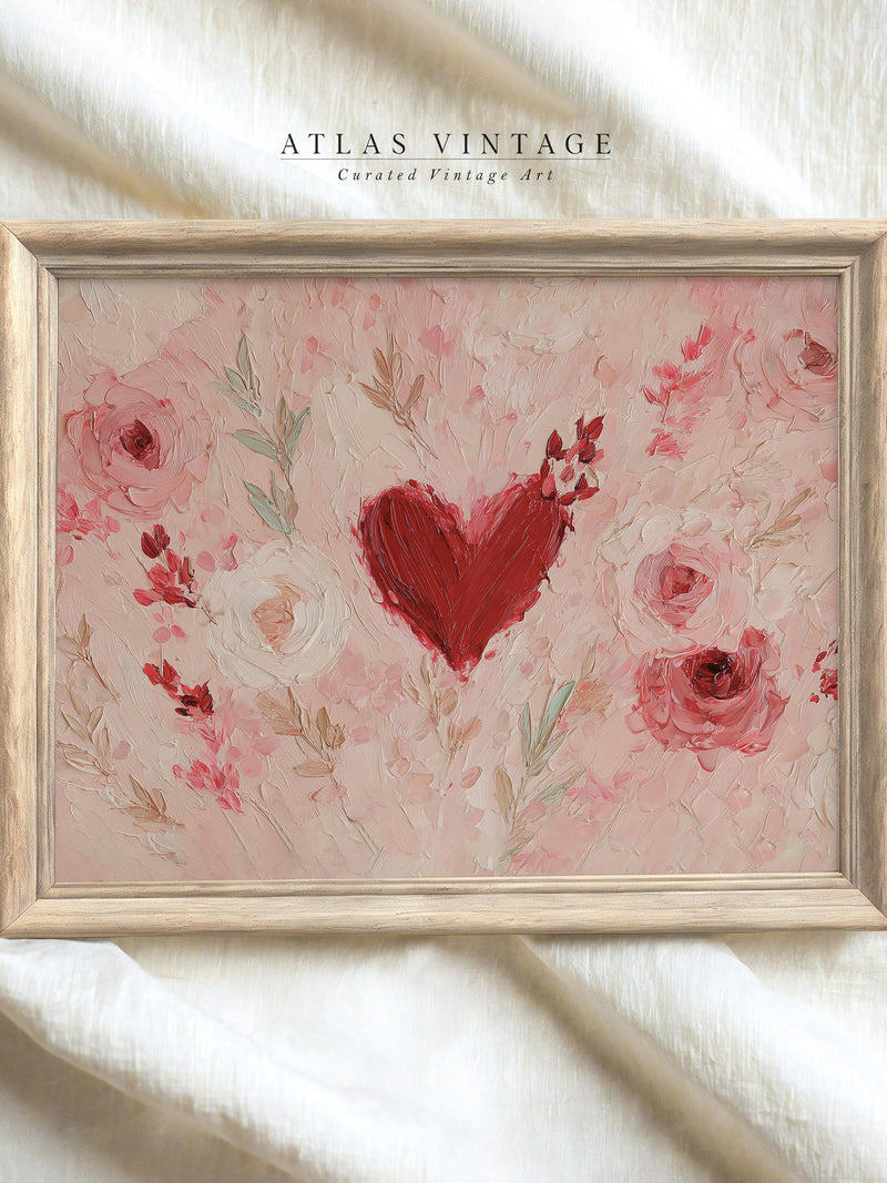 Abstract Valentine Floral Heart Painting Print, Pink Romantic Love Wall Art (Digital Download) Love Romance Flower
