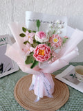 Hand-crochet bouquet, pink yarn flowers, bridal bouquet, crochet roses, peonies, chrysanthemums, and forsythia. Bouquet