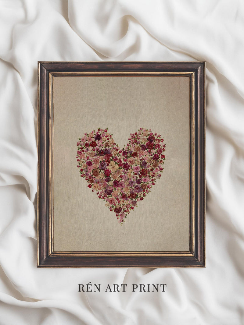 Vintage Floral Heart Print | Romantic Valentine Wall Art | Rose Heart Illustration | Neutral Love Digital Printable Love Romance Flower