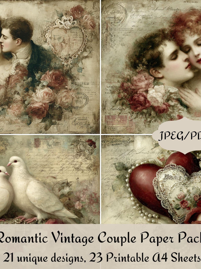 Romantic Vintage Couple Paper Pack, Victorian Lovers with Roses , hearts Landscape Format,  Junk Journal Ephemera and Printable Stamp Sheets Love Romance Flower