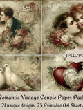 Romantic Vintage Couple Paper Pack, Victorian Lovers with Roses , hearts Landscape Format,  Junk Journal Ephemera and Printable Stamp Sheets Love Romance Flower