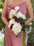 White burgundy calla lily Cascading Bridal Wedding Bouquet: anthurium, amaranthus, orchid, calla lily, peonies, Lisianthus, silk flower wedding flower