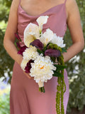 White burgundy calla lily Cascading Bridal Wedding Bouquet: anthurium, amaranthus, orchid, calla lily, peonies, Lisianthus, silk flower Bouquet