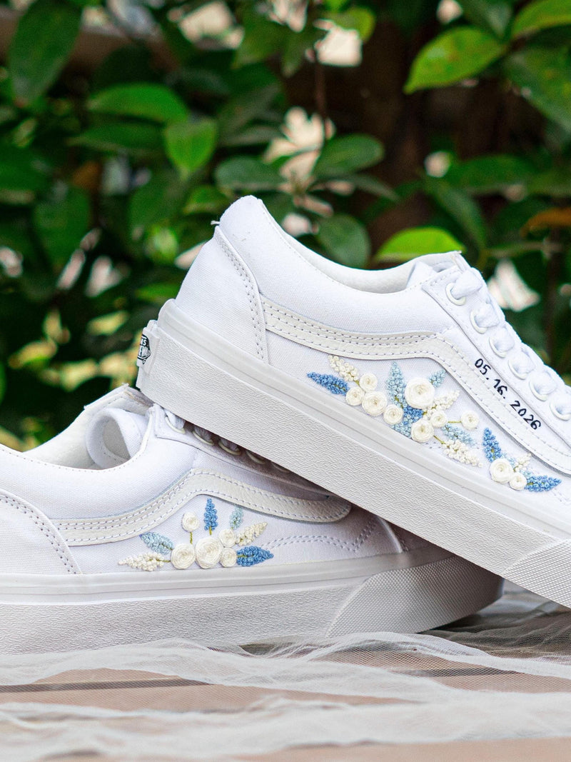 Custom Embroidered Vans Shoes: White and Blue Flower Wedding Sneakers, Gift for Her wedding flower