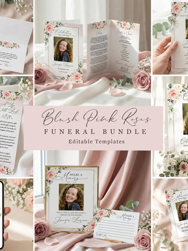 Editable funeral bundle template pink blush white roses watercolor floral celebration of life bundle, printable in loving memory package F21 sympathy flower