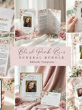 Editable funeral bundle template pink blush white roses watercolor floral celebration of life bundle, printable in loving memory package F21 sympathy flower