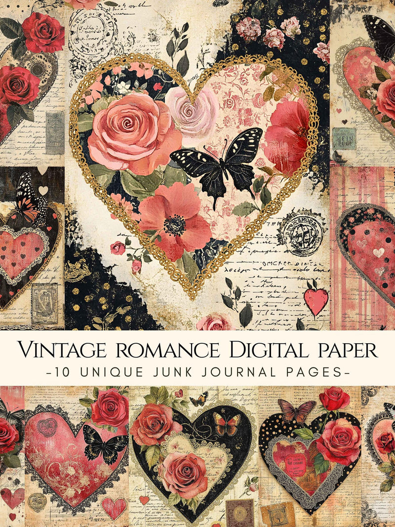 Shabby Hearts and Roses Digital Paper, Valentine Junk Journal Pages, Vintage Romance Ephemera Love Romance Flower