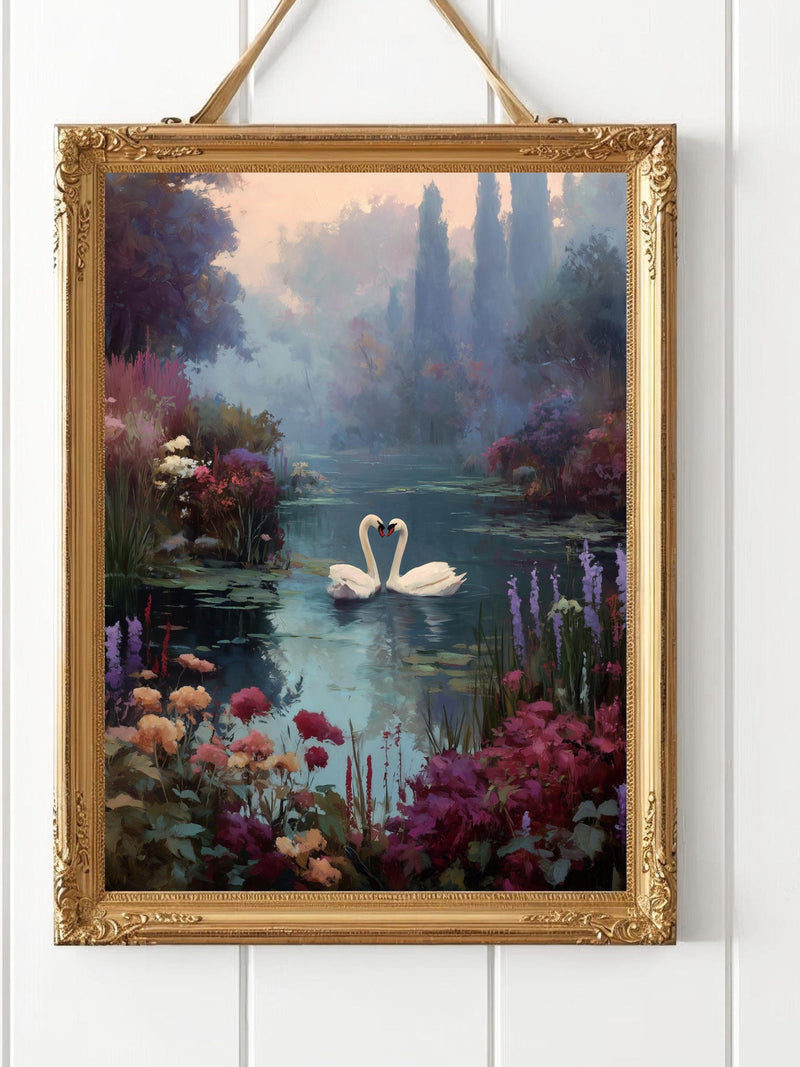 Romantic Swan Wall Art | Cottagecore Love Print | Floral Garden Swan Decor | Valentine Printable Art Love Romance Flower