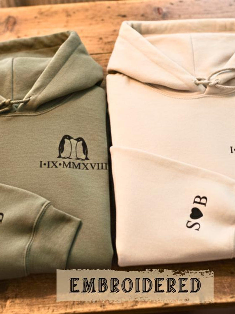 Embroidered Roman Numerals Penguins Hoodie | Couples Matching Sweater for Valentines Day or Anniversary Gift, Custom Personalized Sweatshirt ANNIVERSARY